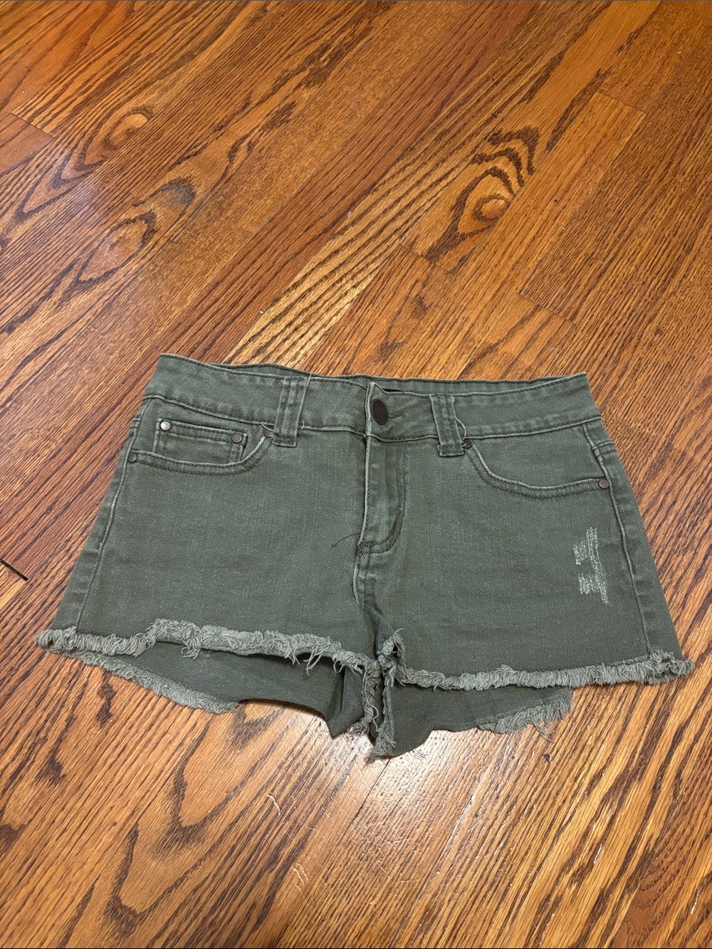 Olive Green Frayed Hem Denim Shorts